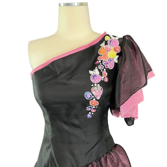 RARE Vintage Bob MACKIE One Shoulder Floral Beaded Tulip Drs 4/6 - Picture 3 of 16